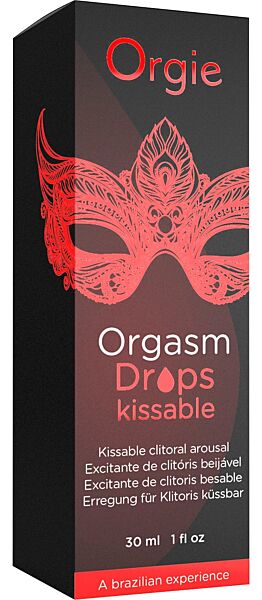 Skleněná lahvička s kapátkem stimulačního gelu na klitoris Orgie Orgasm Drops Kissable, 30 ml