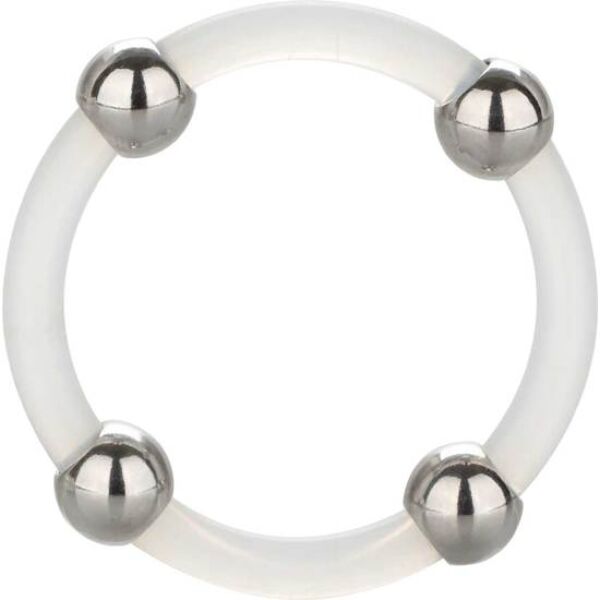 Erekční kroužek CalExotics Steel Beaded Silicone Ring Large z průhledného silikonu s kuličkami z nerezové oceli