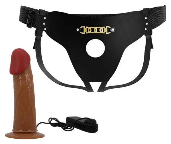 Černý postroj strap-on Party Up Nelson s hnědým dutým návlekem a ovladačem na kabelu