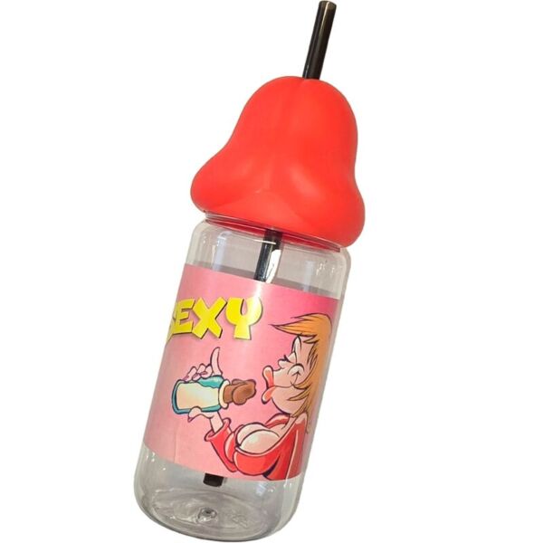 Žertovná láhev Diablo Picante 360 ml s červeným zakončením ve tvaru penisu