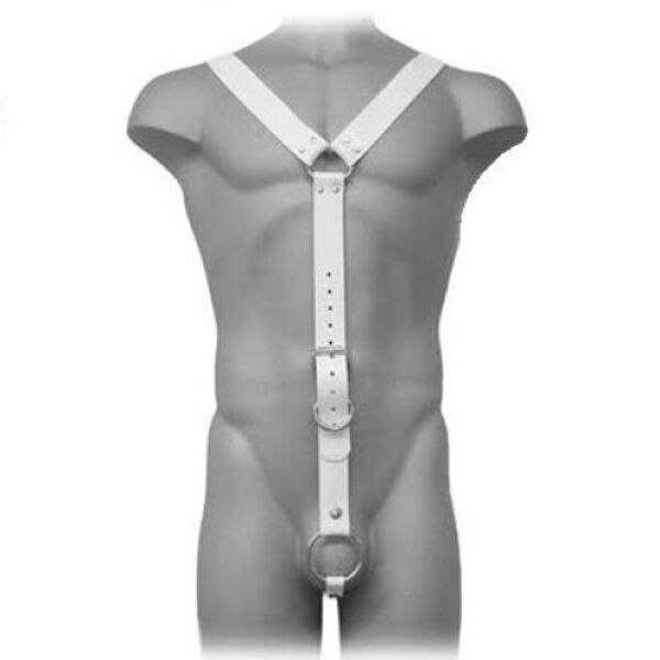 Bílý postroj Leather Body s erekčním kroužkem