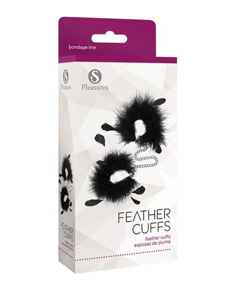 Pouta S Pleasures Feather Cuffs, dvě pouta s peříčky spojená řetízkem