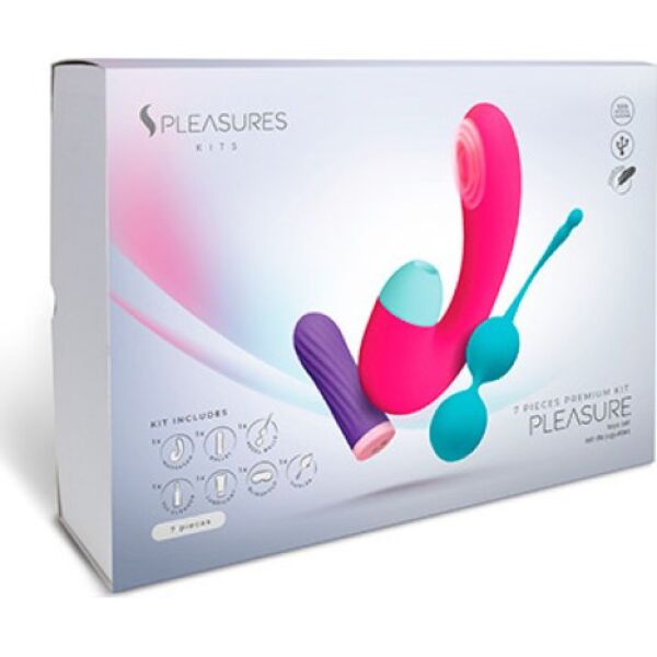 Erotická sada S Pleasures Pleasure Kit s vibračním vajíčkem, dvojitým stimulátorem, kegelovými kuličkami, lubrikantem, čističem, pírkem a maskou na oči