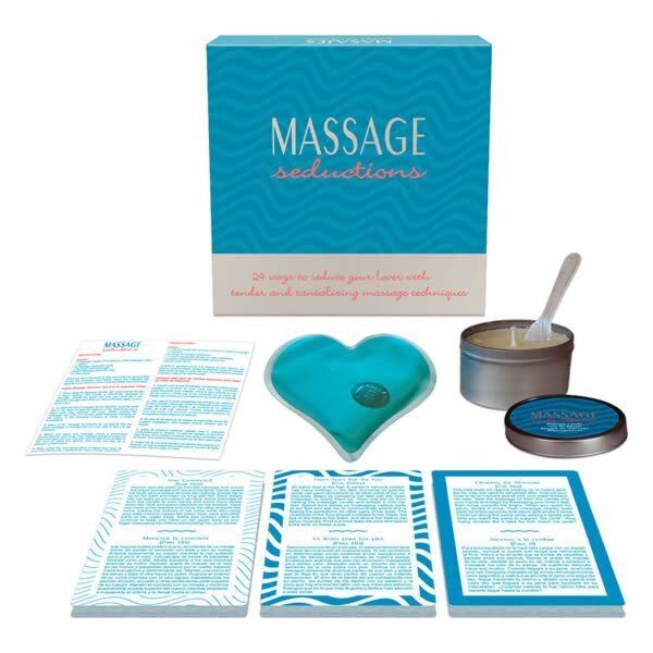 Masážní sada Kheper Games Massage Seductions s kartami, svíčkou, lžičkou a gelovým srdcem