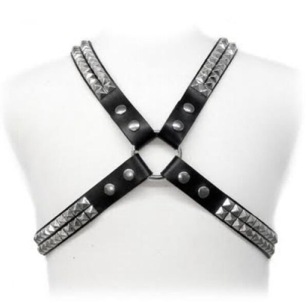 Pánský postroj na tělo Leather Body Pyramid Stud, šněrovaný, s kovovými detaily