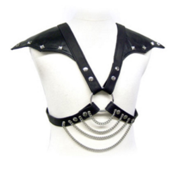 BDSM postroj Leather Body pro muže s nastavitelnými popruhy a kovovými řetězy