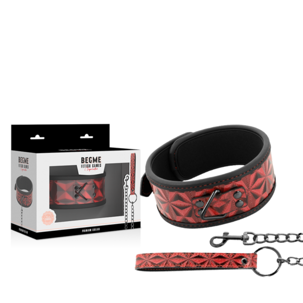 BDSM obojek Begme Red Edition z veganské kůže s kovovým řetízkem, kroužkem na krk a popruhem
