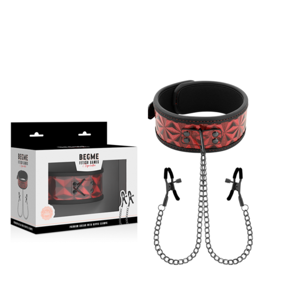 Obojek s řetízkem a svorky na bradavky Begme Red Edition