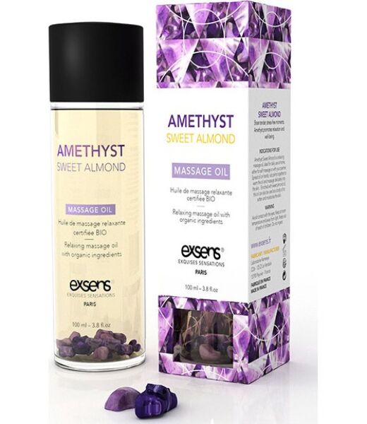 Lahvička masážního oleje Exsens Relaxing Oil Amatista 100 ml s kamínky ametystu uvnitř