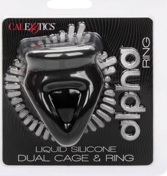 Erekční kroužek CalExotics Alpha Dual Cage & Ring v černé barvě s kroužkem na šourek