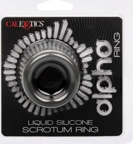 Kroužek na šourek CalExotics Alpha Scrotum Ring z šedého tekutého silikonu, zakřivený do tvaru přesýpacích hodin