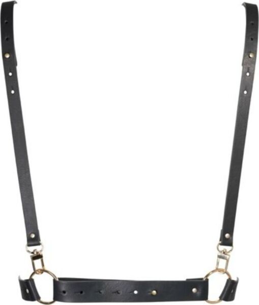 Postroj na tělo Maze X Harness od Bijoux Indiscrets v černé barvě, s pásem na hrudi a popruhy zkříženými do X