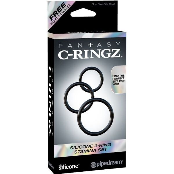 Tři černé erekční kroužky Pipedream Fantasy C-Ringz Stamina na penis a varlata