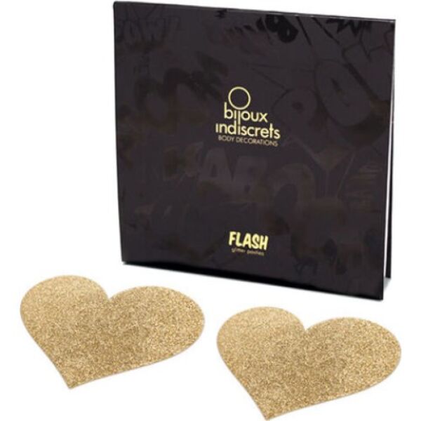 Nálepky na bradavky Bijoux Indiscrets Flash Heart ve tvaru srdce s třpytivým povrchem