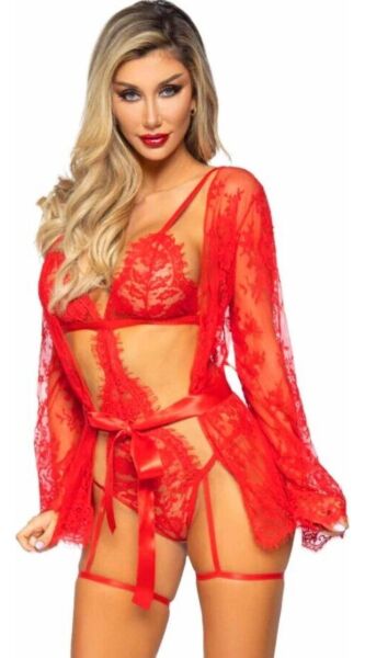 Sada Leg Avenue All Romance 86123 v červené barvě, krajkové body s podvazky a odpovídající krátký župan
