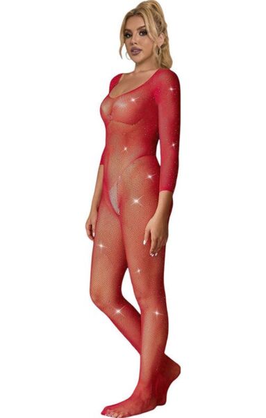Bodystocking Subblime z červené síťoviny se vzorem diamantů a dlouhým rukávem