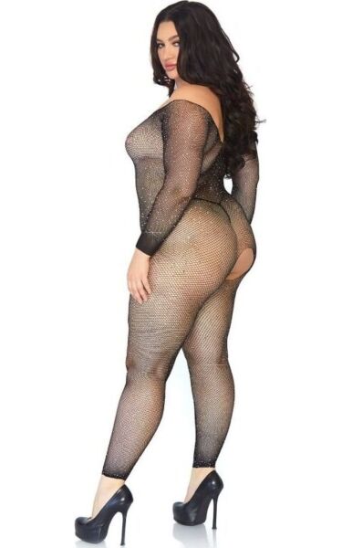 Černý síťovaný bodystocking Leg Avenue Plus Seamless Fishnet s dlouhými rukávy a kamínky