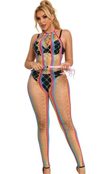 Síťovaný bodystocking Subblime s duhovým vzorem a uchycením za krkem