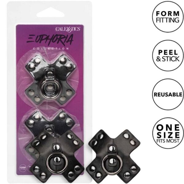 Samolepicí krytky na bradavky CalExotics Euphoria O-Ring v černé barvě s kovovým kroužkem a nýty
