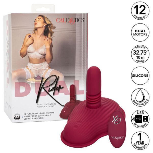 Přirážecí vibrátor CalExotics Dual Rider Thrust & Grind v červené barvě s dálkovým ovladačem