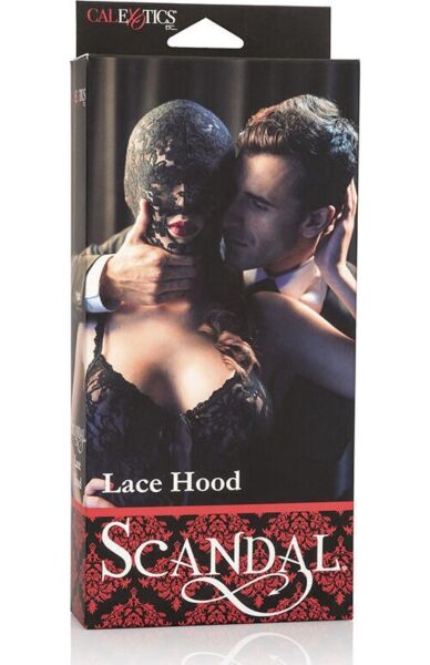 Černá krajková BDSM maska Scandal Lace Hood od CalExotics s otevřenými ústy