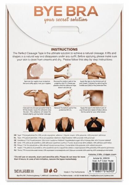 Lepicí pásky na prsa Bye Bra Perfect Cleavage pro zvýraznění dekoltu, s krytkami bradavek