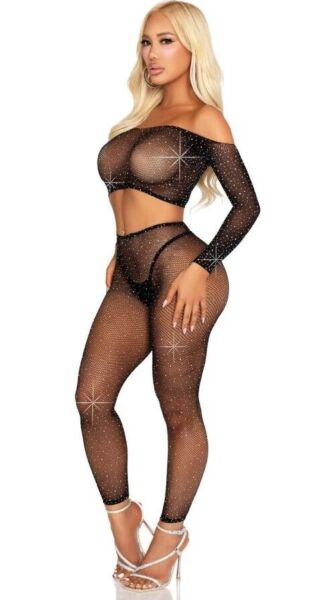 Set Leg Avenue Captivating Crush v černé barvě, crop top a legíny ze síťoviny s kamínky
