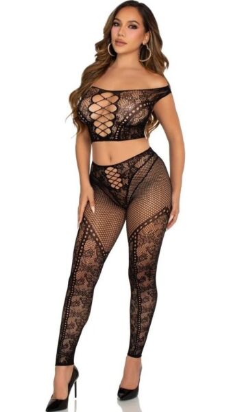 Erotický set Leg Avenue Love Me Tonight v černé: crop top s odhalenými rameny a legíny z krajky a síťoviny