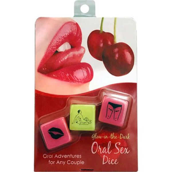 Tři erotické kostky Kheper Glow-in-the-Dark Oral Sex Dice, dvě růžové a jedna zelená