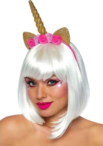 Čelenka s jednorožcem Leg Avenue Golden Unicorn Flower se zlatým spirálovým rohem, třpytivýma ušima a růžovými růžemi