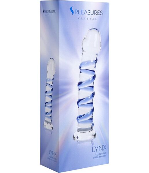 Dildo S Pleasures Crystal Lynx, průhledné s modrými detaily a spirálovými reliéfy