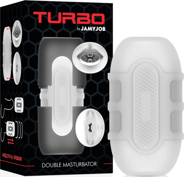 Dvojitý masturbátor Jamyjob Turbo se dvěma vstupy ve tvaru úst a vagíny