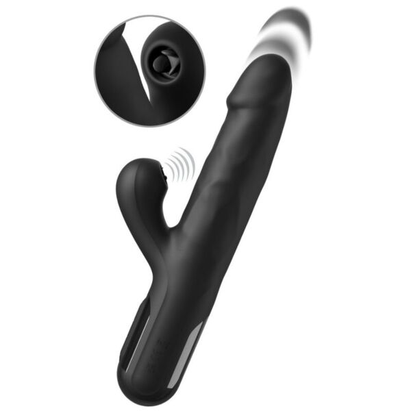 Černý rabbit vibrátor Pipedream Sonix Silicone Thruster s texturovaným tělem a klitorálním ramenem s jazýčky