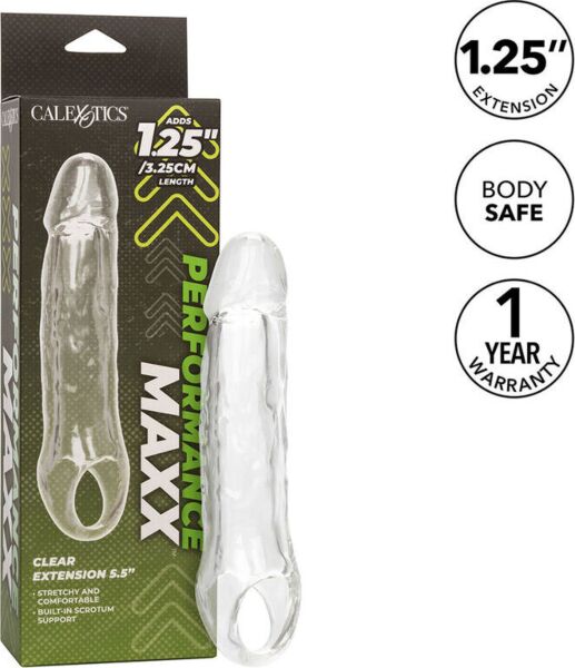Průhledný prodlužovací návlek na penis CalExotics Performance Maxx Clear Extension 5,5 s páskem kolem šourku