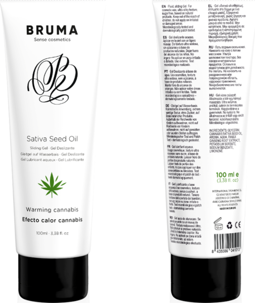 Kluzný gel Bruma Cannabis s příchutí konopí a hřejivým efektem, v balení 6 ml a 100 ml
