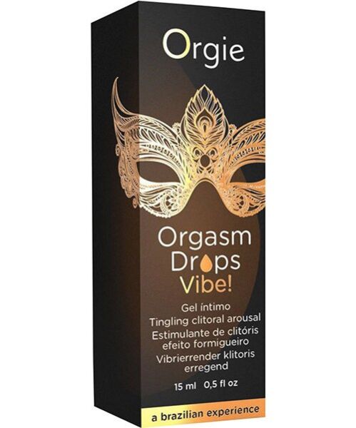 Skleněná lahvička s kapátkem o objemu 15 ml se stimulačním gelem na klitoris Orgie Orgasm Drops Vibe