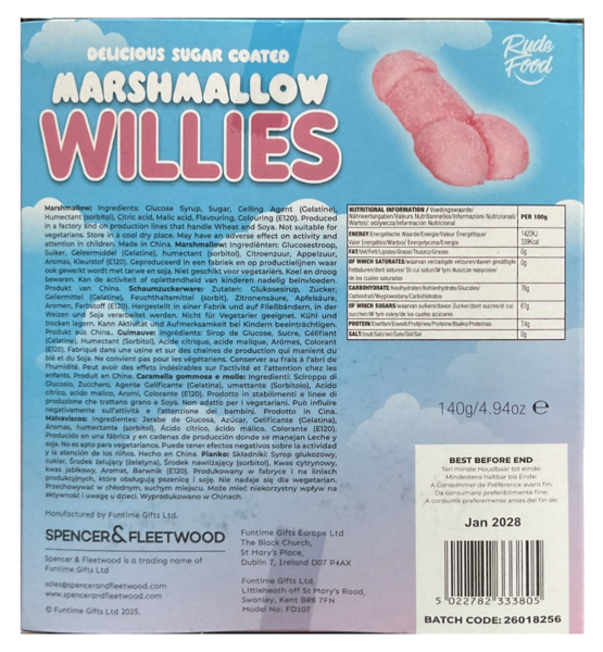 Balení růžového marshmallow ve tvaru penisu Marshmallow Willies od Spencer & Fleetwood