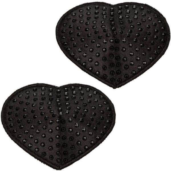Krytky na bradavky Radiance Pasties Heart od CalExotics, dvě černá srdce s kamínky