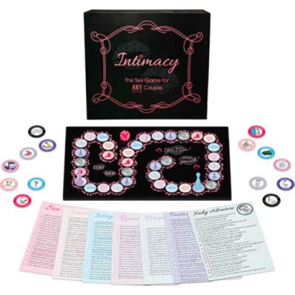 Erotická hra Kheper Games Intimacy s herním plánem, kostkou, figurkami a odměnovými mincemi