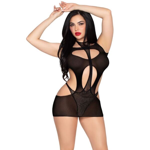 Set Leg Avenue Main Stage v černé barvě: minišaty s průstřihy přes síťované body s halter výstřihem