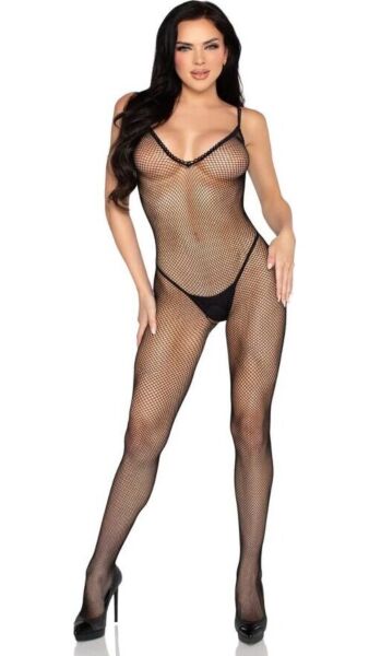 Bodystocking Leg Avenue 89375 z černé síťoviny s háčkovaným vzhledem a otevřeným rozkrokem