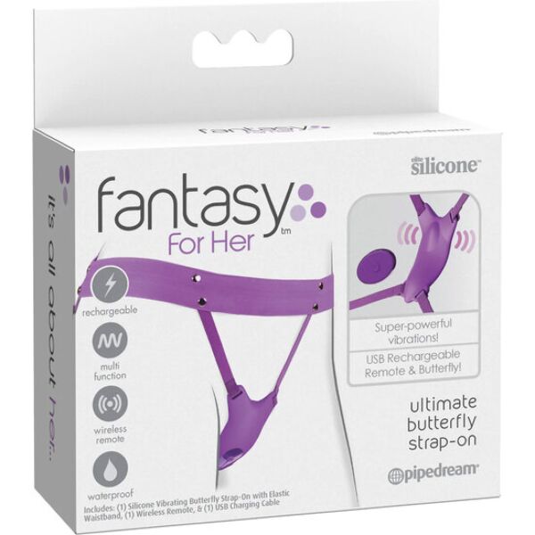 Vibrující strap-on postroj Pipedream Ultimate Butterfly Strap-On se zahnutou částí a nastavitelnými popruhy