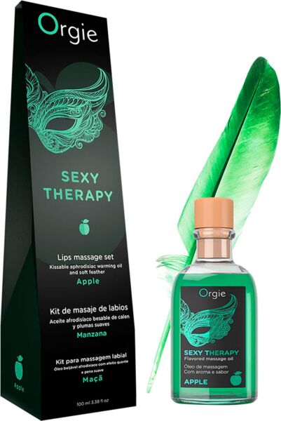Sada s líbatelným masážním olejem Orgie Lips Massage s olejem 100 ml, pírkem a průvodcem masáží