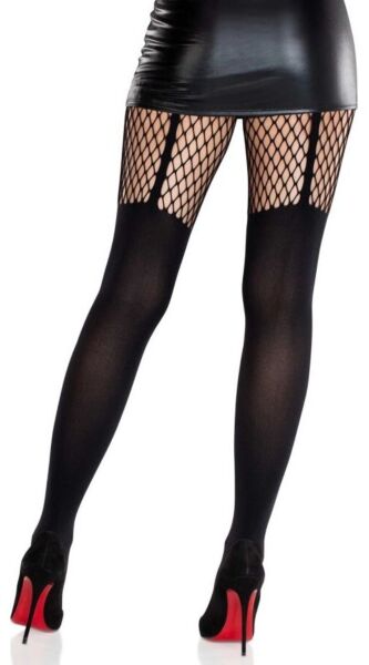 Černé punčocháče Leg Avenue Jett Garter Illusion, neprůhledné, se síťkou na stehně imitující podvazek