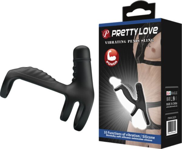 Černý elastický návlek Pretty Love Vibrating Penis Sling se základnou ve tvaru kroužku a výstupky