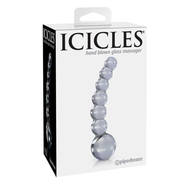 Skleněný masér ICICLES N. 66 se zakřiveným dříkem a postupně většími kuličkami