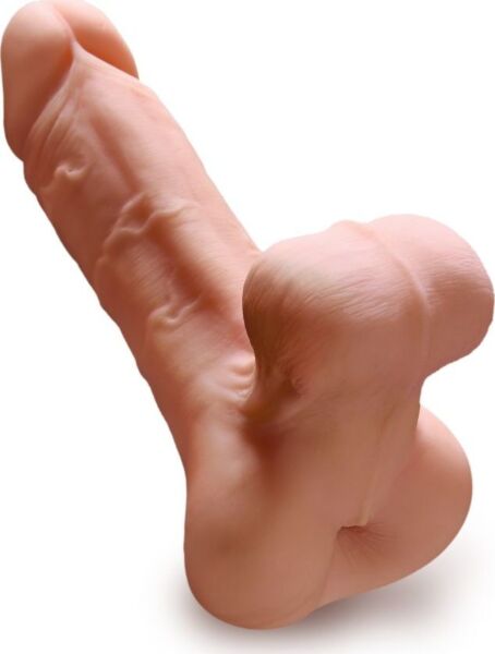 Masturbátor PDX Male Reach Around s análním vstupem, vnějším penisem s vystouplými žilkami a realistickými varlaty