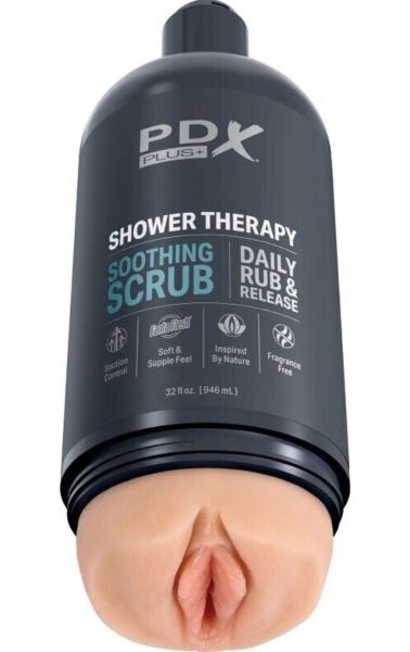 Masturbátor PDX Plus Shower Therapy Soothing Scrub ve tvaru lahve od šamponu