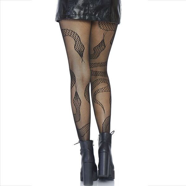 Černé síťované punčocháče Leg Avenue Snake Net Tights s krajkovými hady na síťovině