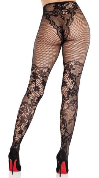 Černé punčochové kalhoty Leg Avenue Dahlia Lace Tights s květinovou krajkou a síťovinou na stehně